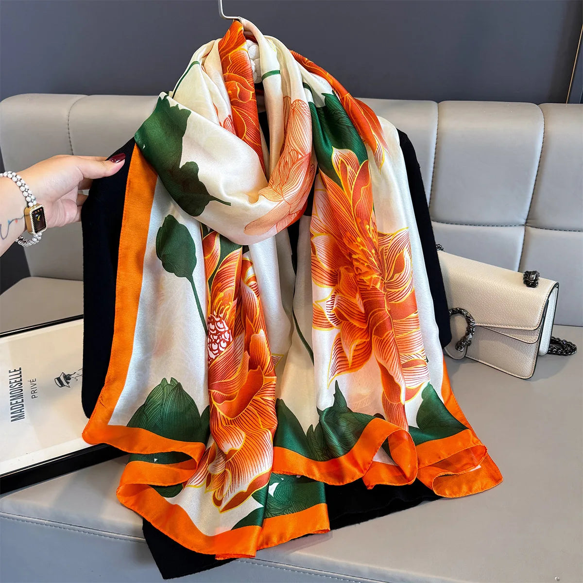 180*90cm Large Silk Satin Scarf Women Fashion Printed Scarf Spring And Summer Styles New Shawl Wrap Female Hand 2025 NEW