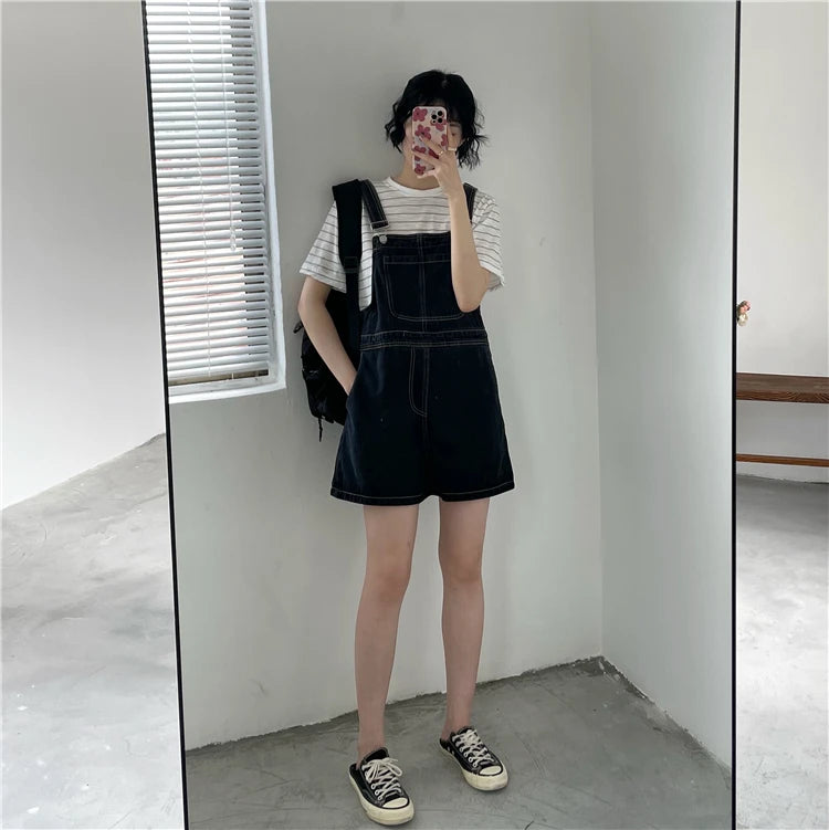 Women's Denim Overalls Short Trousers Wide Leg Loose Fit Thin Jumpsuit Korean Style for Petite Ladies Casual Clothing