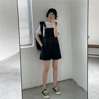 Women's Denim Overalls Short Trousers Wide Leg Loose Fit Thin Jumpsuit Korean Style for Petite Ladies Casual Clothing