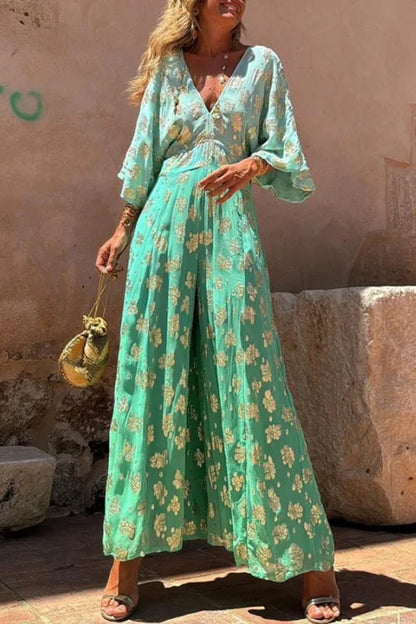 Fashion Gradient Print Jumpsuits Women Sexy V-neck Backless Leace-up Loose Slit Wide Legs Jumpsuit Female Trendy Streetwear New