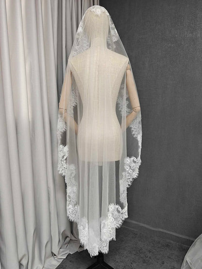 Customized Mantilla Veil with Eyelash Lace, Single Tier 1m/1.5m/2m Wedding Veil with Hidden Comb, Eyelash Lace Ivory Bridal Veil