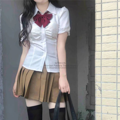 Summer Girls College Style Uniform Suit White Puff-Sleeve Shirt with Bow Slim Waist Skirt Set Women's Short-Sleeve Top And Skirt