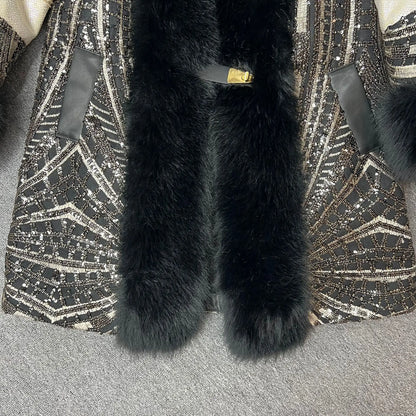 2025 Autumn Winter New Faux Fox Fur Coat Fashionable Stylish Korean Version Heavy Sequins Trendy Women's Jacket Furry Coat