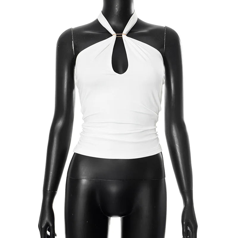 Women'S Solid Color Hanging Neck Tie Hollow Out Metal Ring Strapless Backless Tank Top Summer New Fashion Street Tank