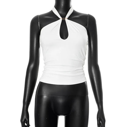 Women'S Solid Color Hanging Neck Tie Hollow Out Metal Ring Strapless Backless Tank Top Summer New Fashion Street Tank