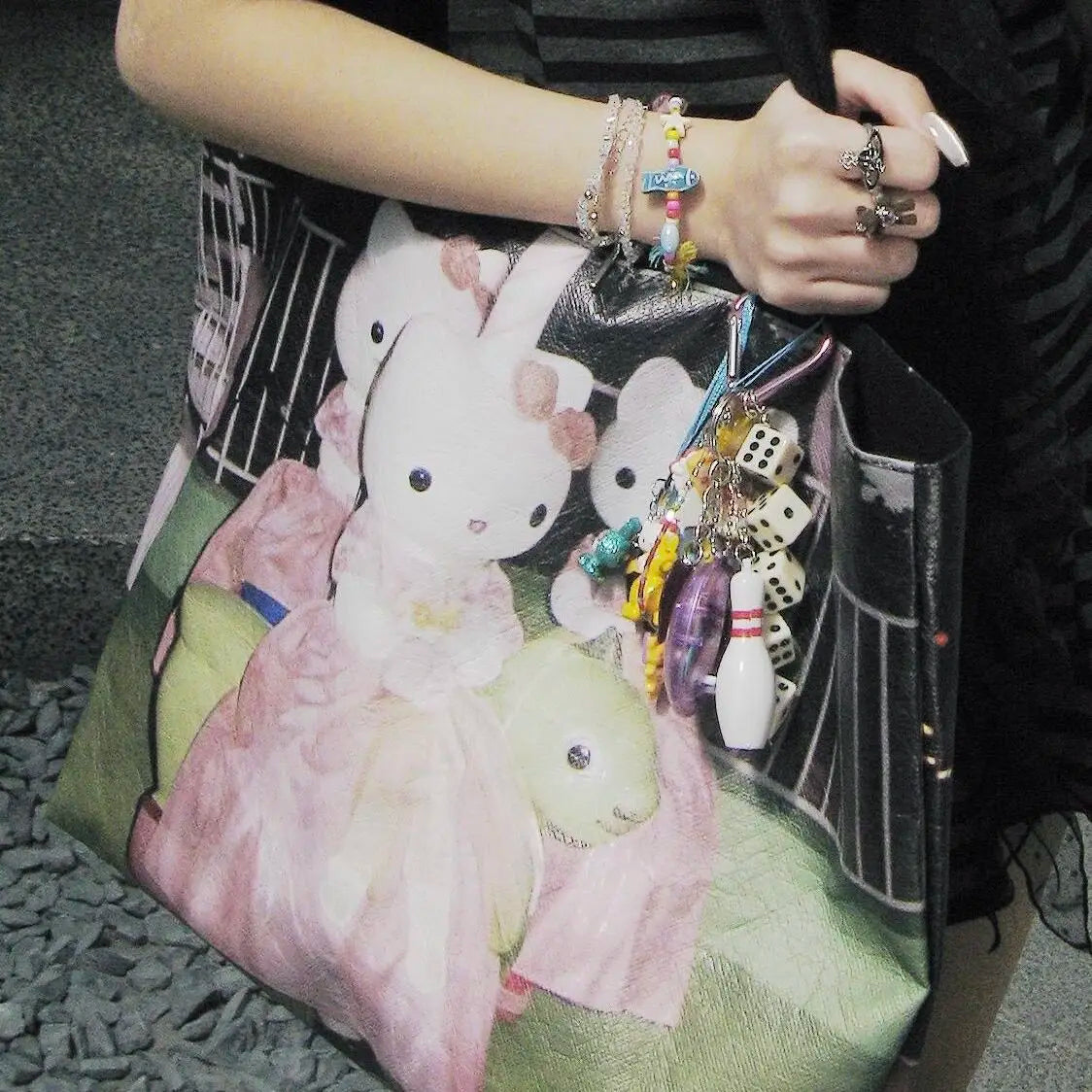 Y2k Hello Kitty Print Handbag Non-woven Fabric Creative Light-weight Shoulder Bag Large Capacity Leisure Shopping Bag for Women