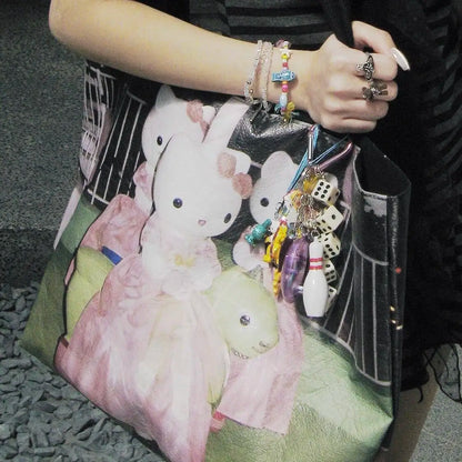 Y2k Hello Kitty Print Handbag Non-woven Fabric Creative Light-weight Shoulder Bag Large Capacity Leisure Shopping Bag for Women