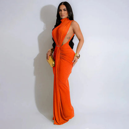 CM.YAYA Women O-neck High Split Ruched Stacked Bodycon Midi Maxi Dress 2024 Evening Party Club Vestidos Sexy Chic Long Dresses