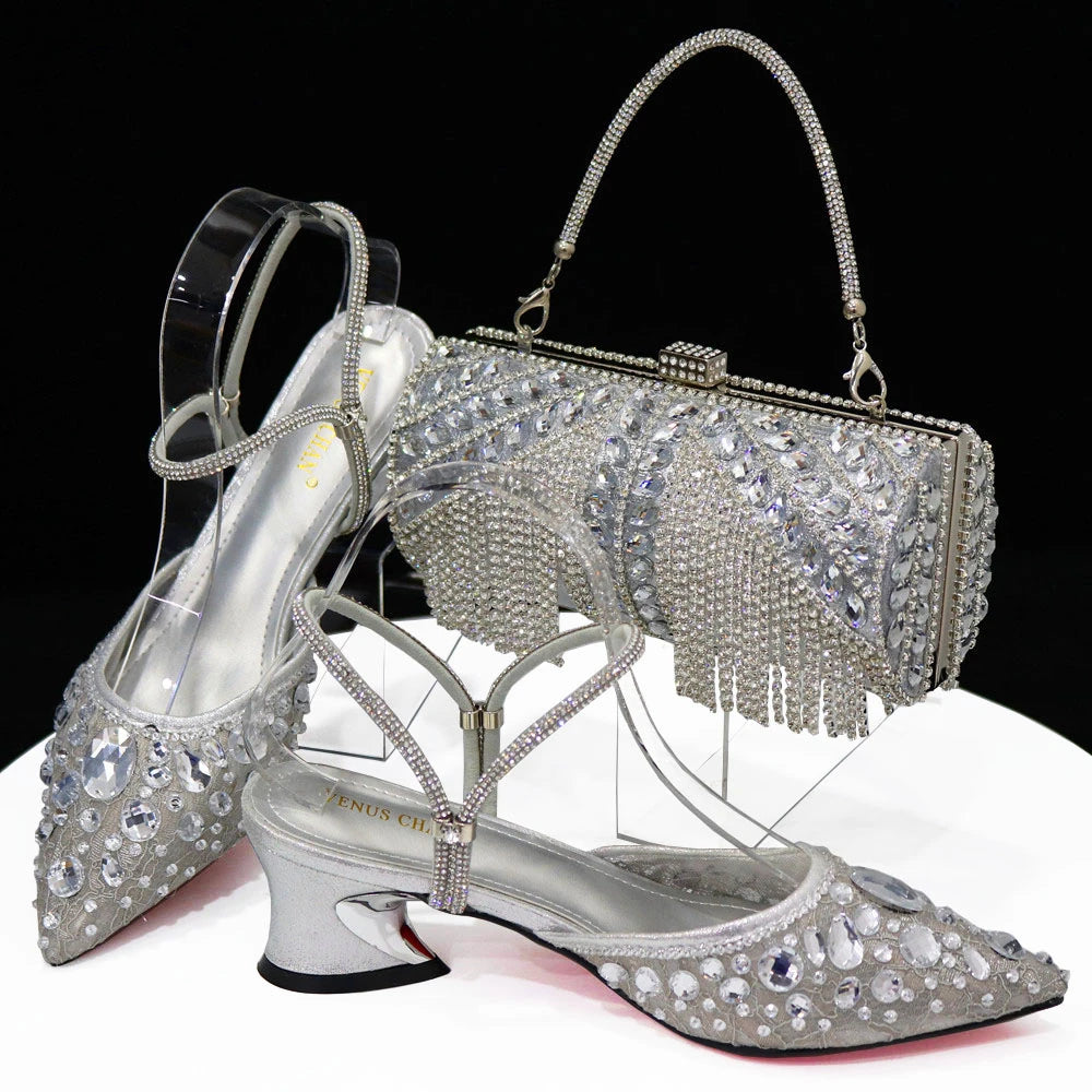 Women Purple Rhinestone Shoes Matching Bag Set Italian Design Chunky Heel Pumps Tassel Clutch Purse Nigeria Wedding Party Dress