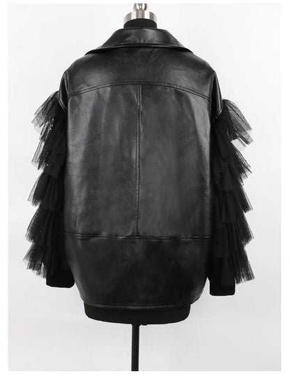 Nerazzurri Spring Autumn Loose Black Faux Leather Jacket Women with Lace Long Sleeves Zipper Belt Luxury Elegant Fashion 2022