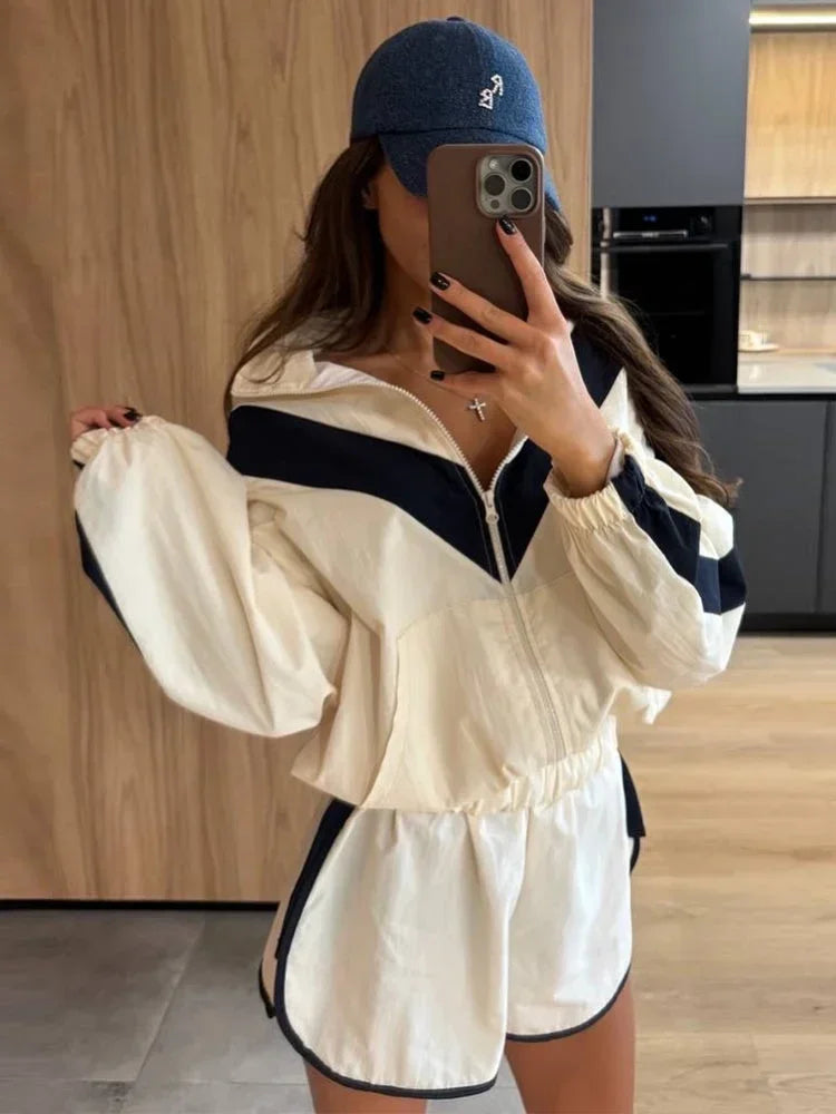 Chevron Stripe Windbreaker Tracksuit Women Casual Zip Cropped Jacket Contrast Trim Shorts Suit Lady Daily Jogging Street Outfit