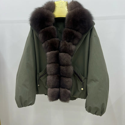 Aulande Women's Winter Short Down Jacket Parka with Natural Fox Fur Collar, Goose Down Filling, Loose Thick Warm Luxury Outdoor