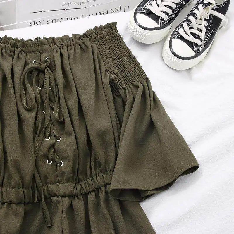 Women's Casual Summer Beach Romper Olive Green Off The Shoulder Lace Up Short Sleeve Elastic Waist Playsuit
