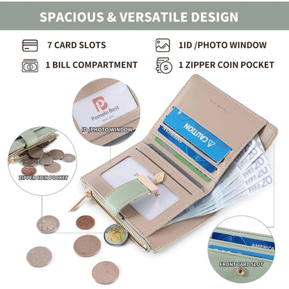Pomelo Best Small Leather Wallet for Women Purse RFID Blocking Bifold Soft Card Holder with ID Window Zipper Coin Pocket Wallets