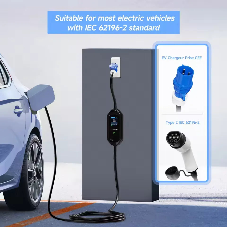 7KW Portable EV Charger Type2/Type1/GBT Electric Car Charger 32A 1Phase Wallbox Fast Charging Cable WiFi APP Bluetooth Control