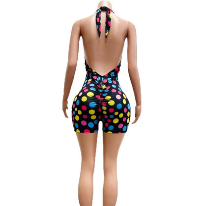 Doyerl Polka Dot Short Jumpsuits for Woman Summer Clothes 2026 Halter V-neck Backless Sleeveless Skinny One Piece Playsuit Mono