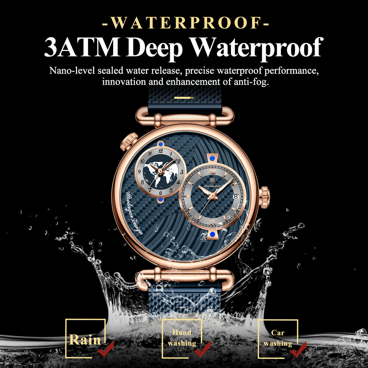 POEDAGAR Original Fashion Man Wristwatch Multiple Time Zone Display Waterproof Calendar Men Watch Mesh Stainless Steel Quartz Business Men's Watches Reloj