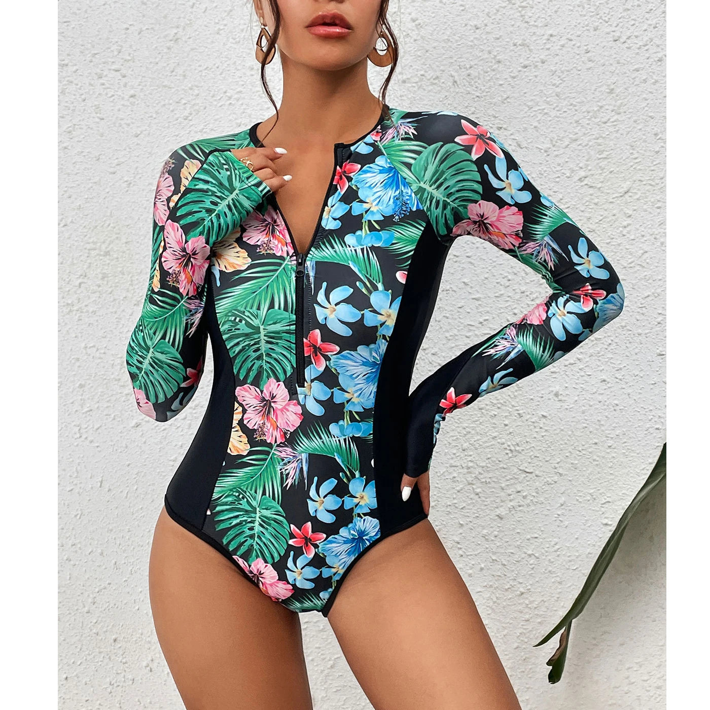 2026 Surfing Sport Swimsuit Long Sleeves Women One Piece Swimsuit  Swimwear Solid Monokini Bathing Suit Tropical Bodysuit Female