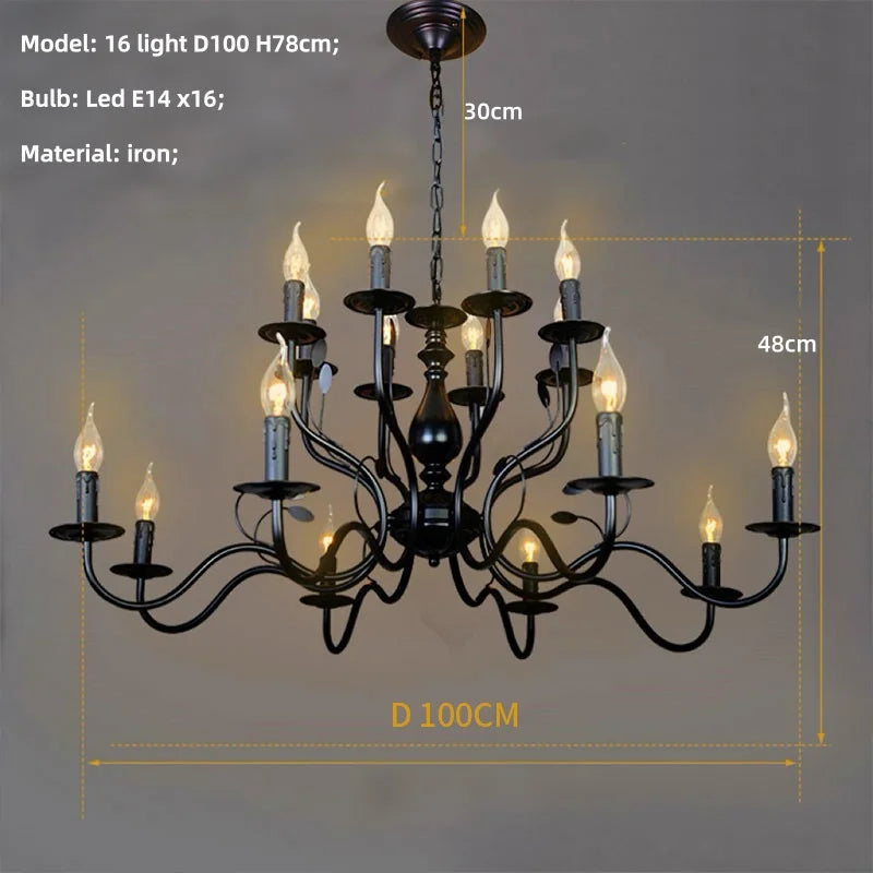 American Retro Cafe Pendant Light Dining Room Black Metal Ceiling Chandelier Industrial Candle E14 Chandelier Lighting