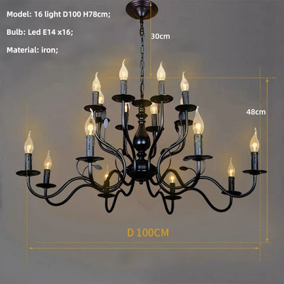 American Retro Cafe Pendant Light Dining Room Black Metal Ceiling Chandelier Industrial Candle E14 Chandelier Lighting