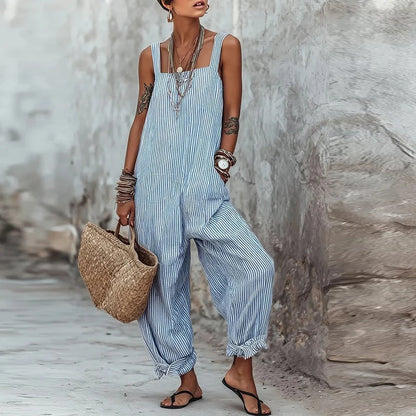 Summer Sleeveless Long Pants Jumpsuit Women Casual Striped Printed Pocket Playsuits For Women Fashion Loose Rompers Blue