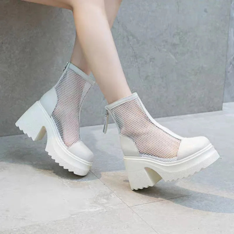 Square Heel Single Boots Summer New Round Head Splicing Mesh Back Zipper Waterproof Platform Non-slip Short Boots
