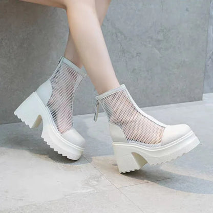 Square Heel Single Boots Summer New Round Head Splicing Mesh Back Zipper Waterproof Platform Non-slip Short Boots
