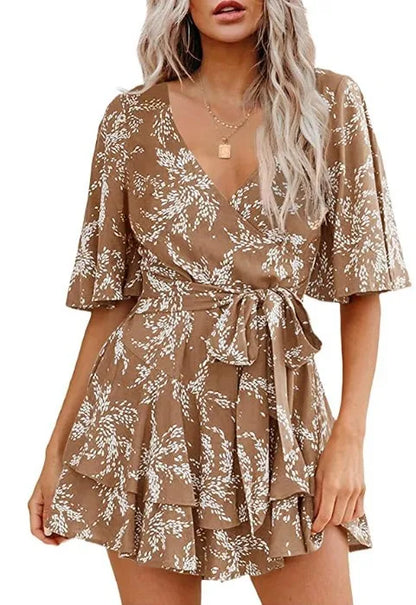 Hot-selling Women's Jumpsuits V-neck Flared Sleeves High Waist Plant Printed Pleated Lace-up Fashion High Street Playsuits