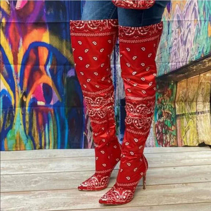 Autumn Royal Blue Red Silk Colorful Print Pointed Toe Over The Knee Boots Women Ethnic Style Hidden Zipper Slim Thigh Long Boots