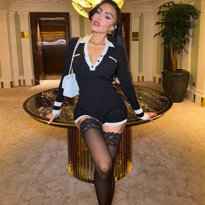 Color Patchwork Ribbed Skinny Playsuits 2025 Autumn Women Fashion Polo-neck Long Sleeve Buttons Slim Casual Rompers Streetwear