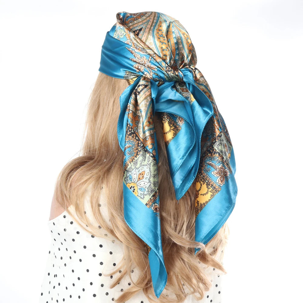 New 90*90cm Retro Brand Women Silk Scarf Bandanna Fashion Bohemian Pattern Square Hijab Lady Wrap Headband Foulard Muffler