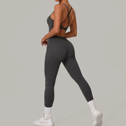 New Nylon Pad V-Neck Wrap Yoga Bodysuit - Adjustable Hook Tummy Control Butt Lift Workout Jumpsuit