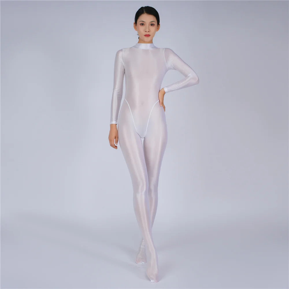 Sexy Women Yoga Shaper Tight Wear Oil Glossy Shiny Elastic Bodysuit Sheer See Through Rompers Jumpsuits Candy Color