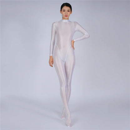 Sexy Women Yoga Shaper Tight Wear Oil Glossy Shiny Elastic Bodysuit Sheer See Through Rompers Jumpsuits Candy Color