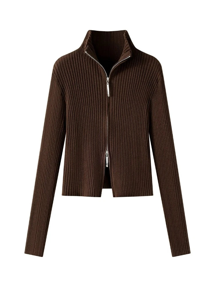 2026 Women's Autumn Winter Knit Cardigan Versatile Office Slim Flattering Cropped Zip-Up Sweater Korean Long Sleeve Outerwear