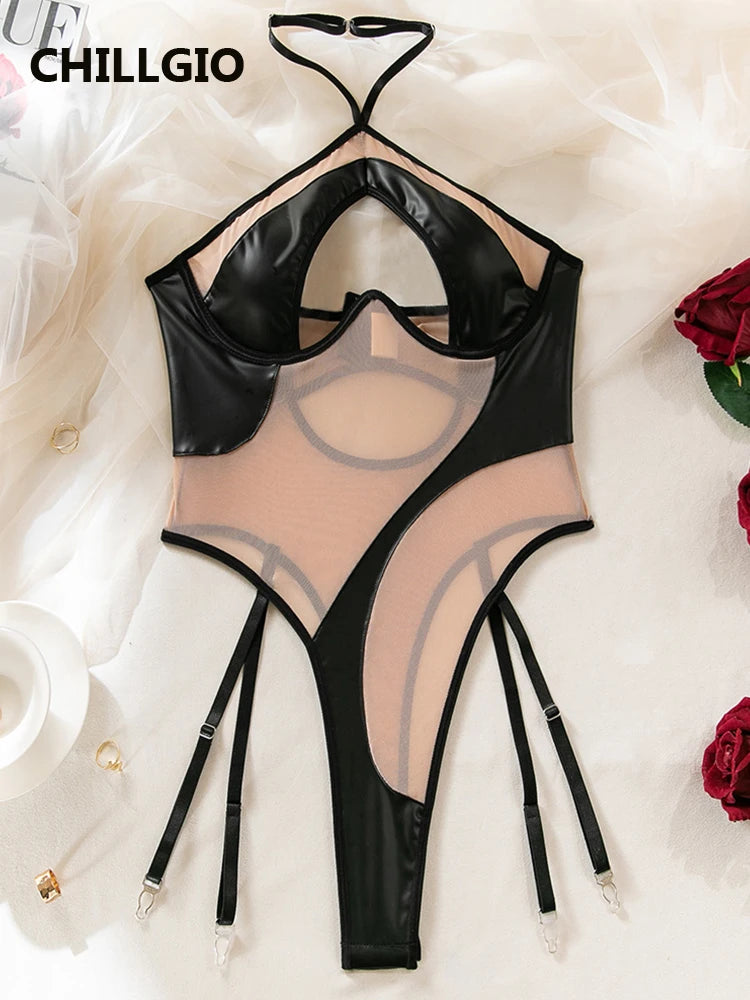 CHILLGIO Women Sexy PU Sleeveless Rompers Hollow Fasion Basic Halter Playsuits Push Up Lingerie One Pieces Combination Bodysuits