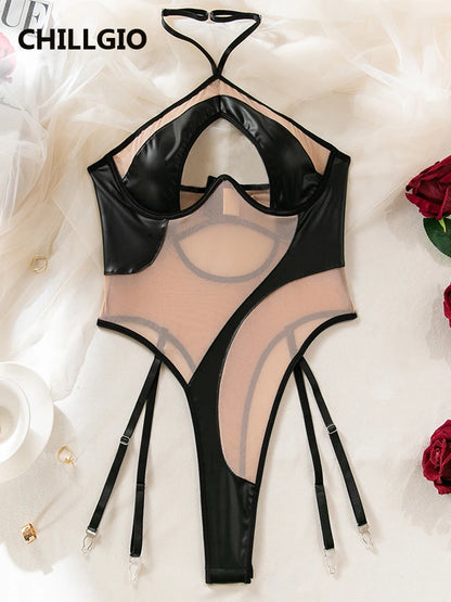 CHILLGIO Women Sexy PU Sleeveless Rompers Hollow Fasion Basic Halter Playsuits Push Up Lingerie One Pieces Combination Bodysuits