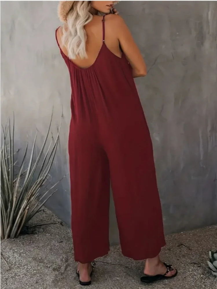 Plus Size Women's 1XL-5XL Fashionable Solid Color Jumpsuit Ladies Casual Suspender V-neck Casual Loose Elegant Jumpsuit