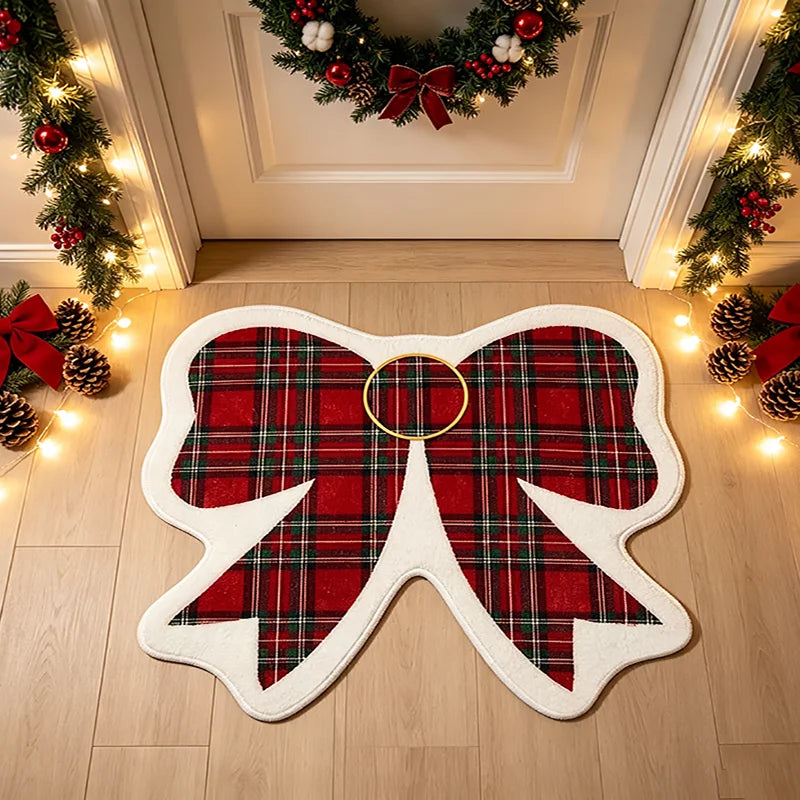 Christmas Bowknot Irregular Rug Retro Plaid Doormat Home Bedroom Bedside Atmosphere Floor Mat Festival Decor Fluffy Carpet