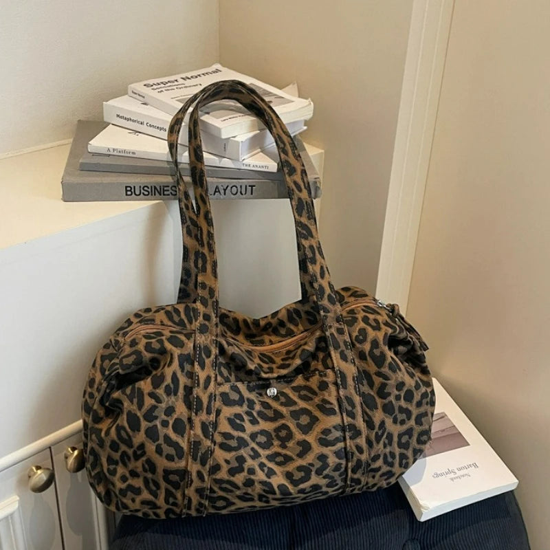 Trendy Leopard Print Canvas Shoulder Bag Large Capacity Fashion Tote Handle Bag for Daily Commute Versatile Texture Storage Bags