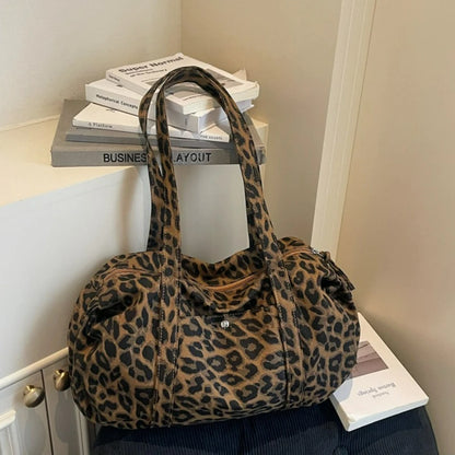 Trendy Leopard Print Canvas Shoulder Bag Large Capacity Fashion Tote Handle Bag for Daily Commute Versatile Texture Storage Bags