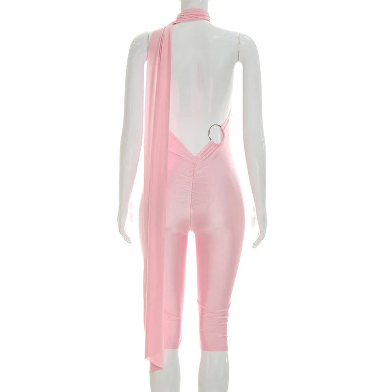 FAGADOER Sexy Halter Bandage Backless Jumpsuits Women Hip Ruched Skinny Rompers Overalls Party Slim Party Nightclub Playsuits