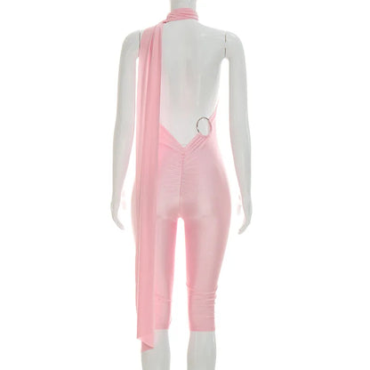 FAGADOER Sexy Halter Bandage Backless Jumpsuits Women Hip Ruched Skinny Rompers Overalls Party Slim Party Nightclub Playsuits