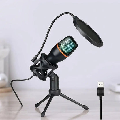 RGB Condenser Microphone Kit with Tripod Stand Professional USB Mic for Gaming Streaming YouTube Podcasts Video Recording Studio Equipment for PC Laptop Mute Button Voice Changer Adjustable RGB Lighting Plug and Play Cardioid