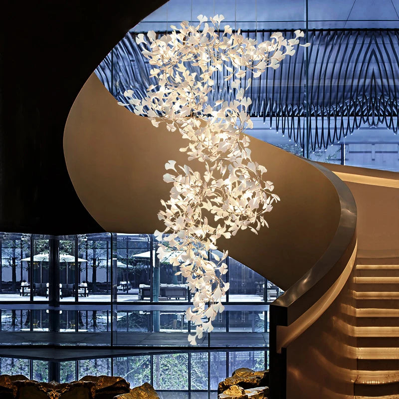 Ginkgo Leaves Loft Hanging Chandelier Light For High Ceiling Staircase Living Dining Room Modern White Porcelain Leaf Chandelier
