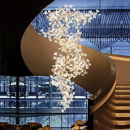 Ginkgo Leaves Loft Hanging Chandelier Light For High Ceiling Staircase Living Dining Room Modern White Porcelain Leaf Chandelier