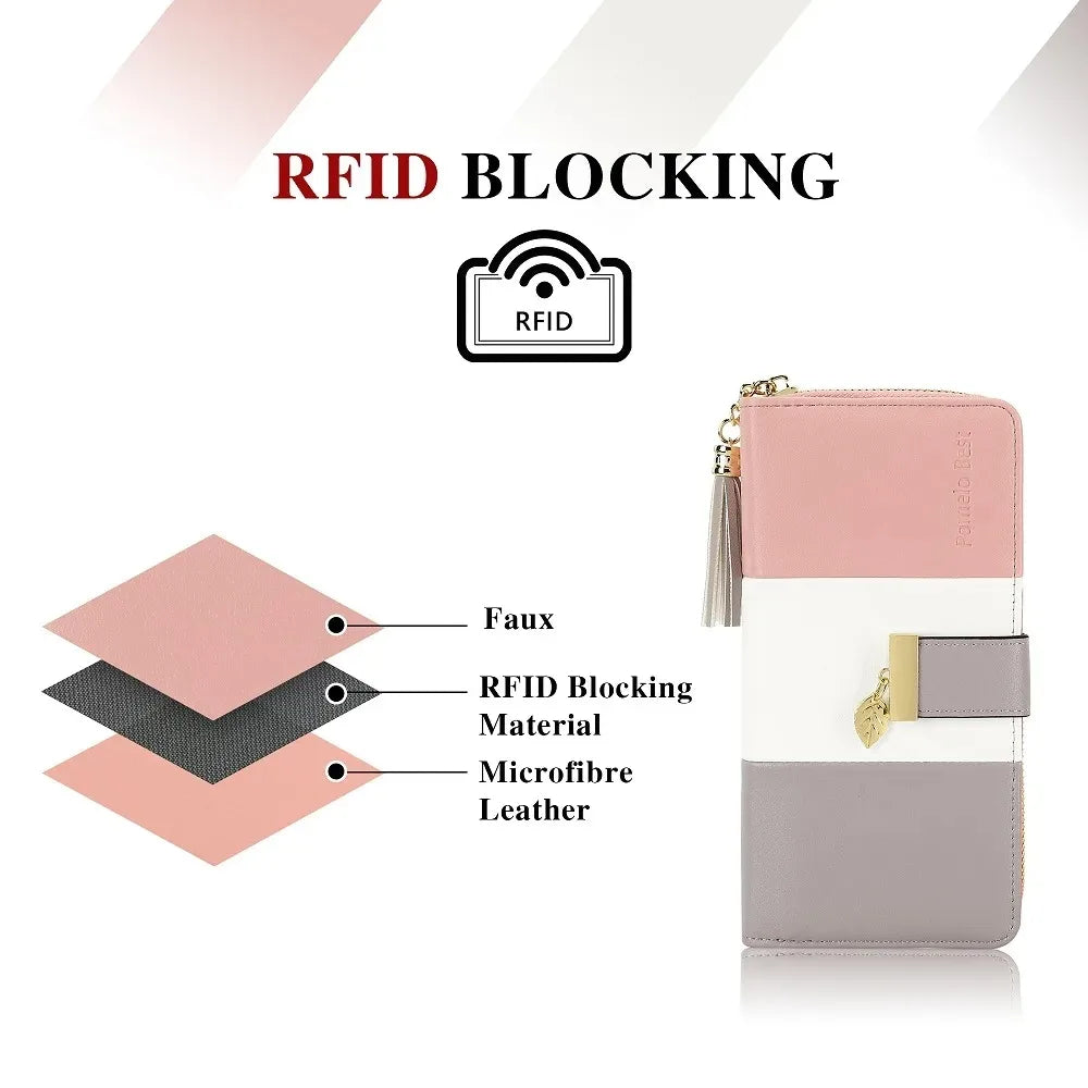 Pomelo Best Tri-color Women's Wallet Zipper Long Billfold PU Leather Large 9 Card Slots Coin Purse RFID Blocking Tassel Pendant