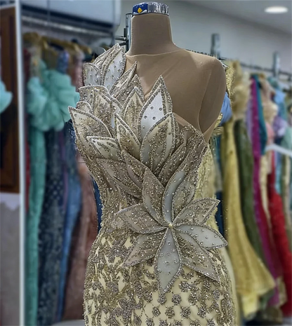 Sparkly Sequins Mermaid Party Dress Beads Champagne Woman Prom Dresses Luxury Evening Wedding Party Vestido Robe de soiree Femme