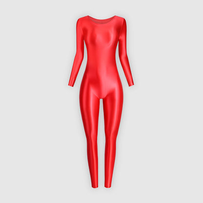 MJINM Women Shiny Oil One Piece Long Sleeve Zentai Suits Yoga Sports Jumpsuits Glossy Tights Cosplay Fitness Bodysuits Overalls