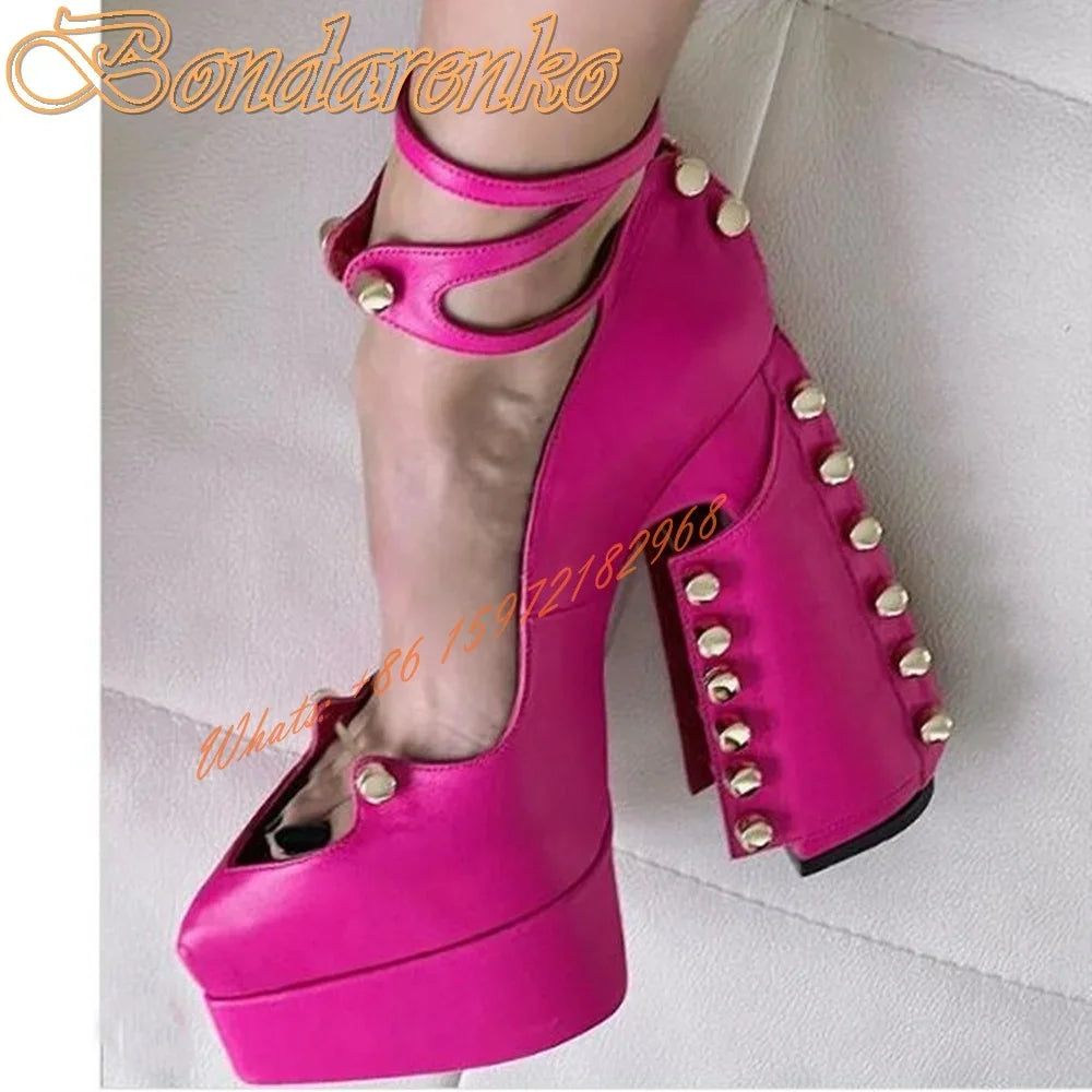 Metal Rivet Platform Sandals Pointy Toe Chunky High Heels Buckles Strap Women Sandals Spring Party Runway Shoes Designer Sexy